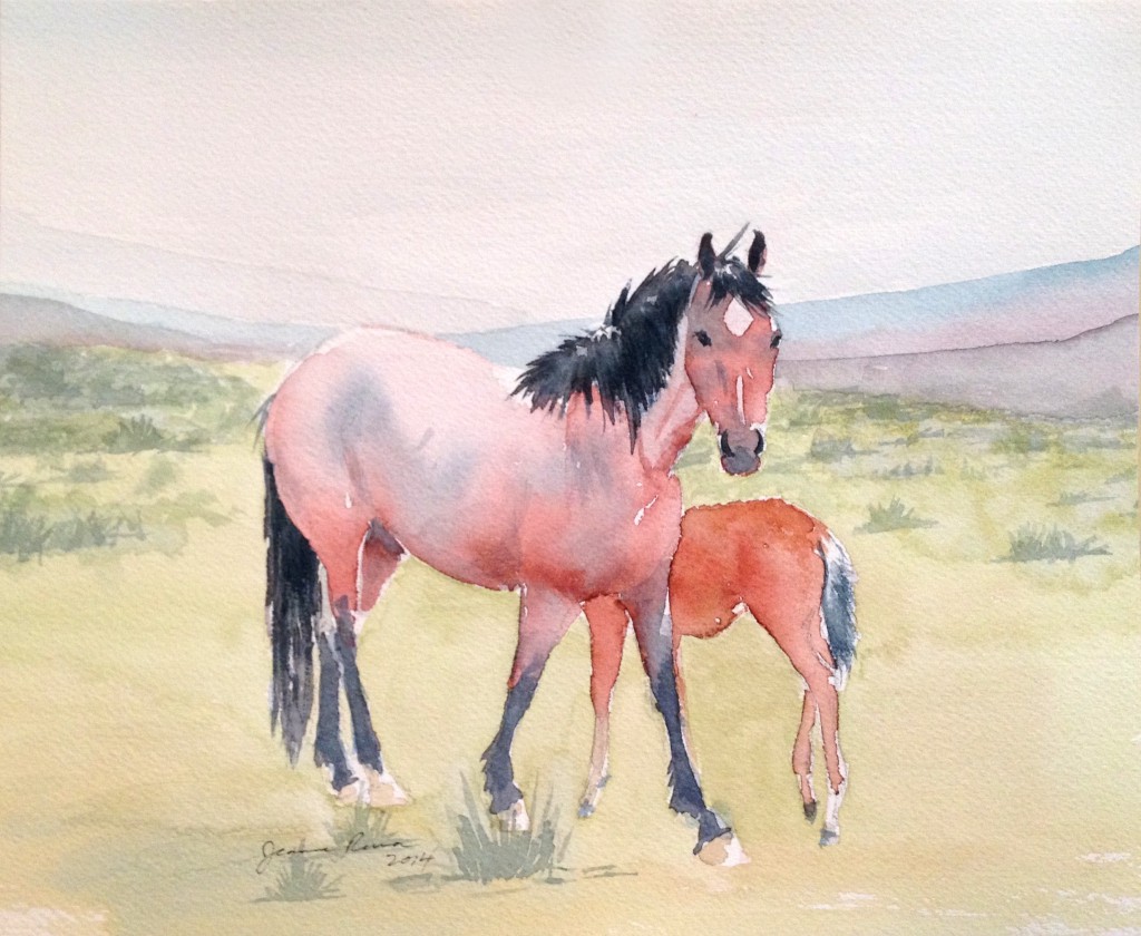 Watercolor painting of strawberry roan mare and foal mustangs on the range.