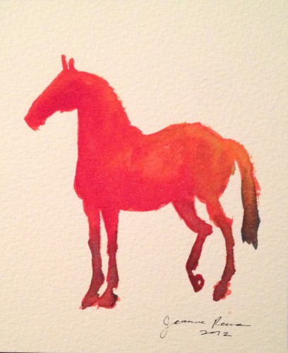 Original watercolor painting of a bright red horse (5 x 6 inches).
