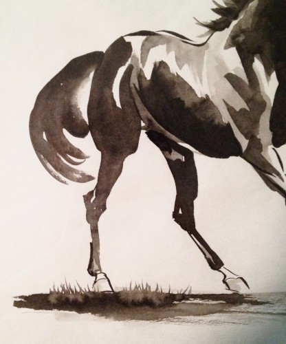 Close up of galloping horse Chinese watercolor painting.